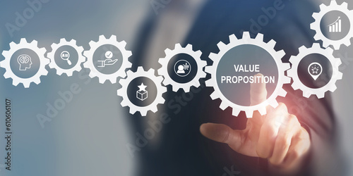 Value proposition concept. The benefits of a product or service to customers. Marketing and sales strategies, capturing customer attention and drive sales form the competitive advantage.