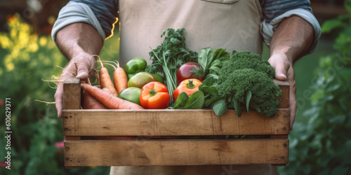 A man holding a box with fresh vegetables - Generative AI