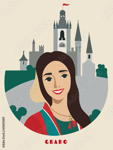 Grado: Beautiful vintage-styled poster with a woman and the name Grado in Asturias