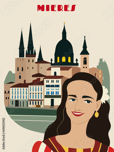 Mieres: Beautiful vintage-styled poster with a woman and the name Mieres in Asturias