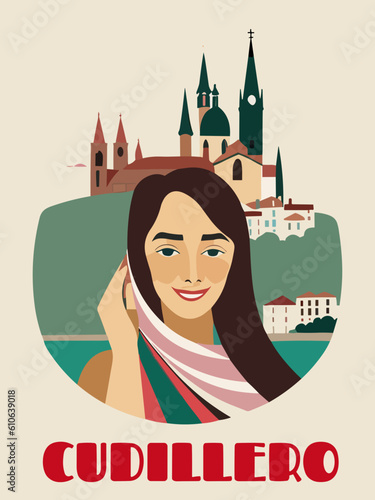 Cudillero: Beautiful vintage-styled poster with a woman and the name Cudillero in Asturias