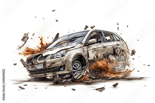 car accident concept. broken car isolated on white background. Generated by AI.