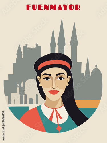 Fuenmayor: Beautiful vintage-styled poster with a woman and the name Fuenmayor in La Rioja