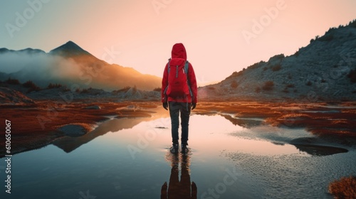 A person in a red jacket standing in front of a body of water. Generative AI image.