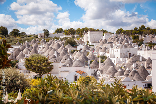 Panoramic view of Rione Monti (Monti quarter), Alberobello, Bari, Italy. The quarter stretches south of the city center and counts about one thousand trulli houses.