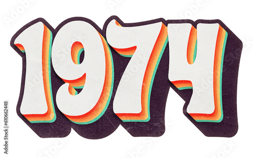 Year 1974 in retro typographic style. Isolated collage element on transparent background