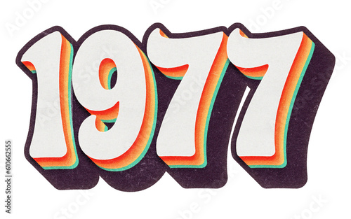 Year 1977 in retro typographic style. Isolated collage element on transparent background