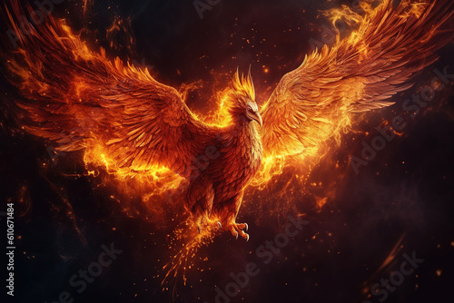 Image of the phoenix is flying burning with fire. Birds. Mythical creatures. Illustration. Generative AI.