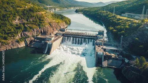 Aerial view of hydroelectric power station. Generative AI.