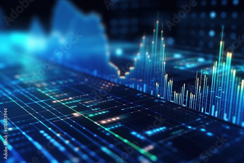 Insight into stock market expansion, business investments, and data analytics, illustrated with digital charts, graphs, and indicators on a blurred dark blue background