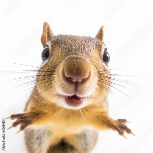 Studio Portrait of Funny squirrel on a white background. 360 degrees panoramic camera, AI generative