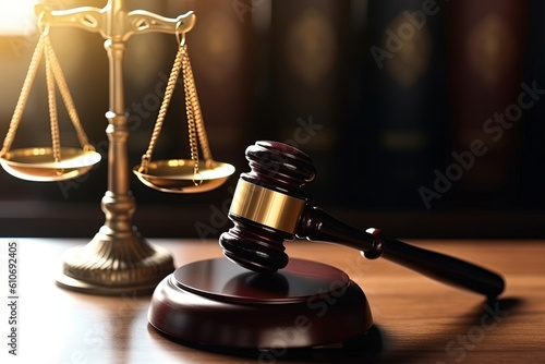 In the legal office of lawyers, the concept of justice and law is embodied by a wooden judge gavel or hammer resting on a desk in a courtroom. Behind it, a brass scales of justice stand blurred