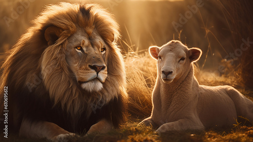 rei leão com ovelha juntos, simbolo da fé cristâ união das nações 