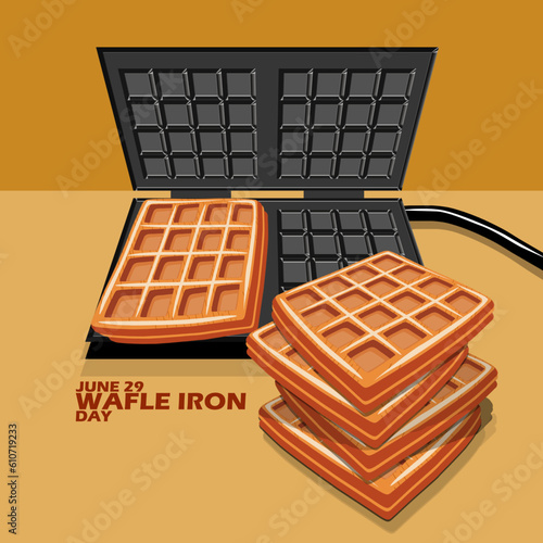 A waffle iron making waffles on a table and bold text on brown light background to celebrate National Waffle Iron Day on June 29