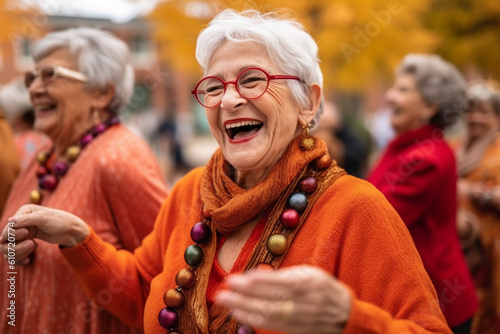 A group of seniors dressed in festive attire, dancing and celebrating at a lively community event, elderly happy people, old age, bokeh Generative AI
