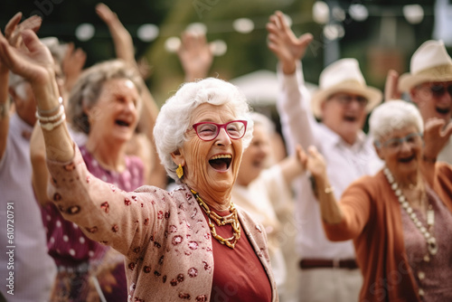 A group of seniors dressed in festive attire, dancing and celebrating at a lively community event, elderly happy people, old age, bokeh Generative AI