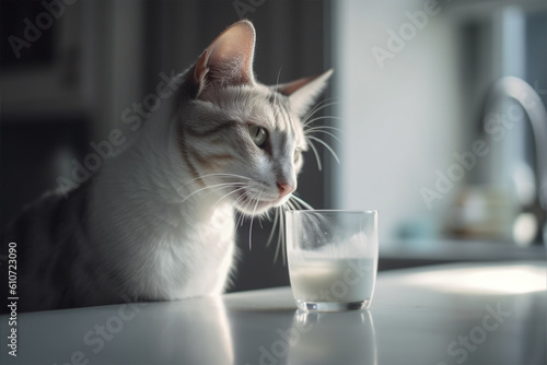 Domestic cat with glass of milk on kitchen counter. Generative AI illustration