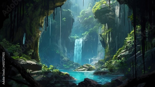 A scenic view of a waterfall in a lush forest, with a hidden cave behind it. Fantasy concept , Illustration painting. Generative AI