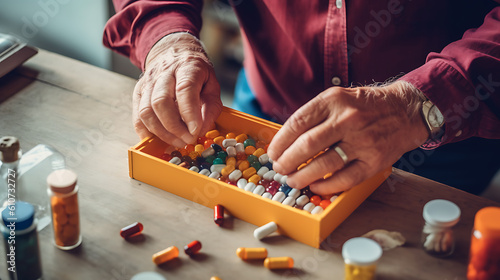 Senior man organizing his medication into pill dispenser. Senior man taking pills from box. Created with Generative AI technology.