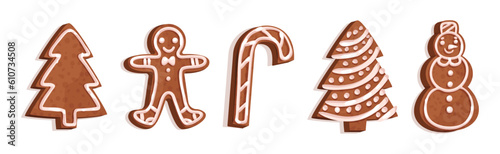 Christmas Gingerbread Cookies with Sugar Glaze Vector Set