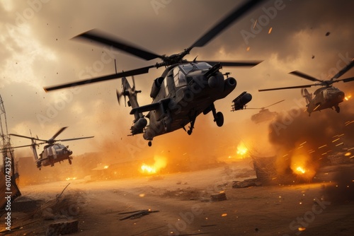 Helicopter fighting with fire and smoke in the air. Military training. Attack helicopters flying in a warzone and shooting, AI Generated