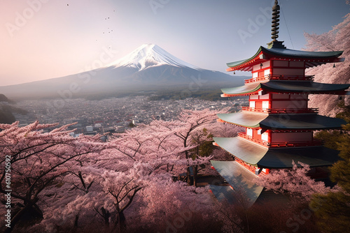 Travel, landscape, cityscape concept. Fujiyoshida, Japan Beautiful view of mountain, Chureito pagoda, cherry blossoms. Generative AI
