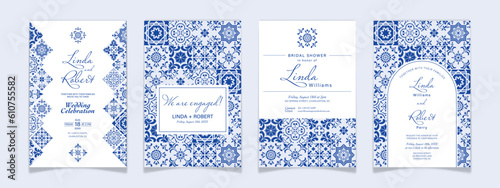 Blue Tile Wedding Invitation, bridal shower vector