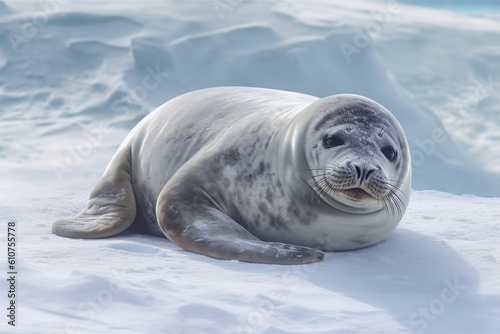 Close up of Crabeater seal lying down and eyeing camera, generative ai 