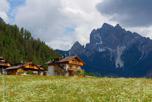 Summer landscape of Pico di Vallandr, Durrenstein in the Dolomites, Italy, Europe. Dolomites in summer.