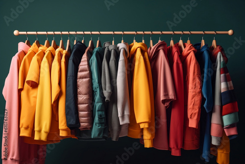 Modern women's bright color autumn capsule wardrobe with different coats on dark green background. Building stylish wardrobe, Seasonal capsule for easy dressing, order in things concept. Generative AI