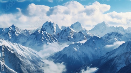 Stunning mountains range covered in a pristine blanket of snow, with jagged peaks piercing through the clouds