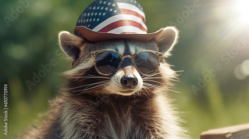 funny cute raccoon in glasses and a top hat with the symbols of the American flag. American Independence Day, July 4th.