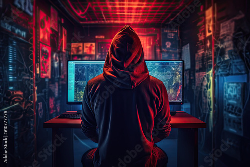 Hacker in the hood sitting in front of the computer. Dark ligting. Generative AI