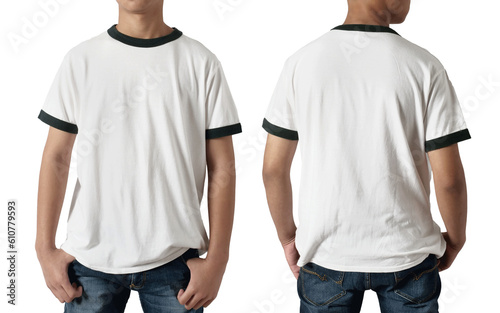 Blank shirt mock up template, front and back view, Asian teenage male model wearing plain white ringer t-shirt isolated on white. Tee design mockup presentation for print