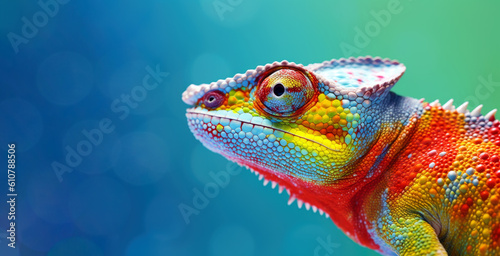 Colorful chameleon on a blue background, Generative AI