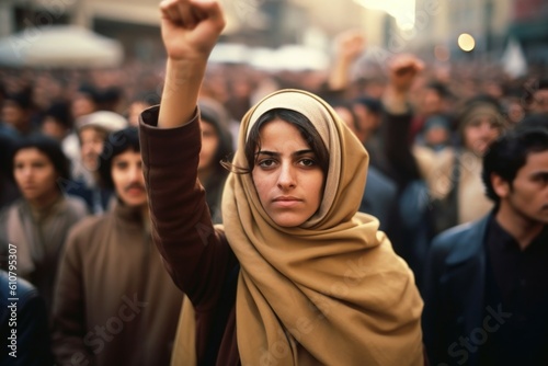 Arab woman protesting at a social rally. AI generated, human enhanced