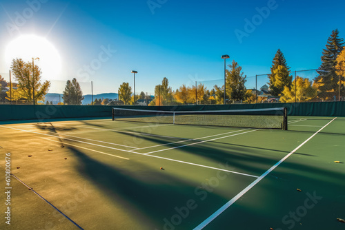 Outside tennis court on a sunny summer day with beautiful nature and blue sky in the background. Generative AI