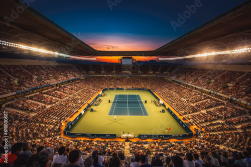 Tennis match on the court watched by the full stadium with the sunset in the background. Generative AI