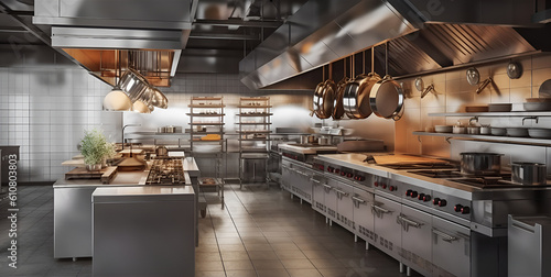 Industrial kitchen. Restaurant kitchen. Modern shiny kitchen with stainless steel utensils and restaurant cooking equipment with prep tables, pans, pots, stoves.