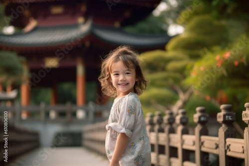 Close-up portrait photography of a pleased child female that is wearing a smart pair of trousers against a beautiful oriental garden with pagodas and bridges background . Generative AI