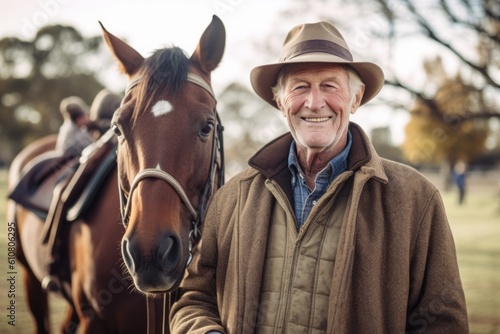 Medium shot portrait photography of a grinning man in his 70s that is wearing a foulard against a beautiful horse ranch with riders taking lessons background . Generative AI