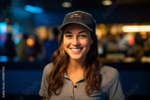 Medium shot portrait photography of a grinning woman in her 30s that is wearing a cool cap or hat against an interactive science museum with hands-on exhibits background . Generative AI