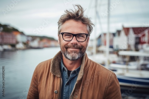 Medium shot portrait photography of a satisfied man in his 40s that is wearing a chic cardigan against a picturesque fishing village with boats and seagulls background . Generative AI