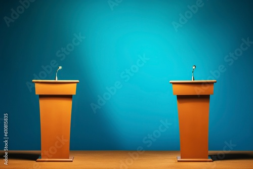 Empowering Democracy, A set with two empty lecterns awaits passionate debates in the political arena. AI Generated