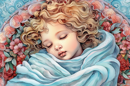 Sleeping cute little angel illustration. AI generated