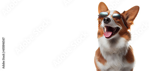 Funny dog wearing sunglasses for summer, dog with summer concept on white background
