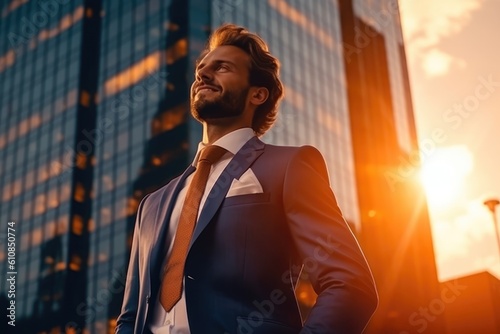 Happy wealthy rich successful business man standing in big city modern skyscrapers street on sunset thinking of successful future vision, dreaming of new investment opportunities. Generative AI