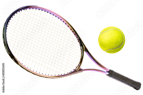 Sport equipment ,Rainbow Tennis racket and Yellow Tennis ball sports equipment isolated On White background PNG File..