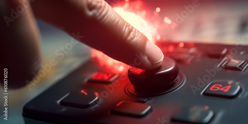 Captivating image of a man's finger pressing a red button for world-ending destruction, evoking emotions of power and finality. Perfect for impactful projects. Generative AI