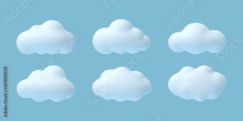 3d clouds. White cartoon cloud in summer, spring blue sky, fluffy cumulus shapes. Abstract balloon elements isolated vector set